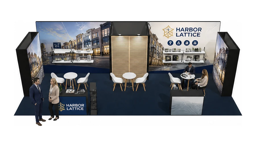 Stoisko 10 × 5 m półwyspowe dla branży franczyza i sieci, przykładowa marka Harbor Lattice