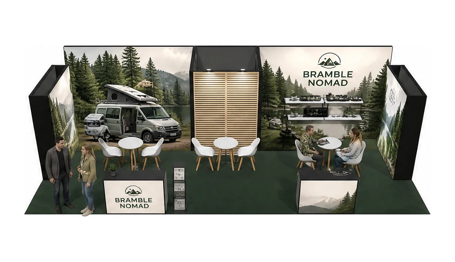 Stoisko 10 × 5 m półwyspowe dla branży caravaning i kampery, przykładowa marka Bramble Nomad
