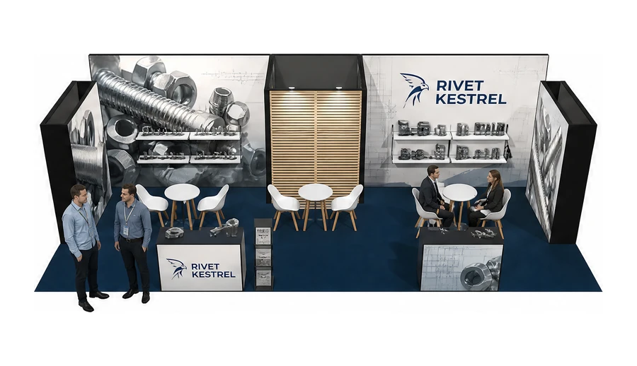 Stoisko 10 × 5 m półwyspowe dla branży elementy złączne, przykładowa marka Rivet Kestrel