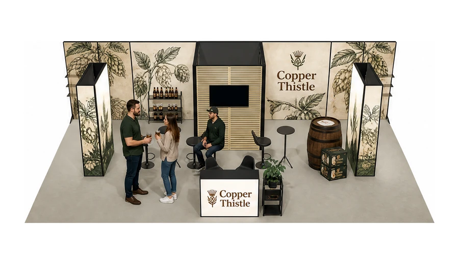 Stoisko 10 × 5 m półwyspowe dla branży browar rzemieślniczy, przykładowa marka Copper Thistle