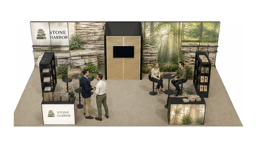 Stoisko 10 × 5 m półwyspowe dla branży materiały budowlane, przykładowa marka Stone Harbor