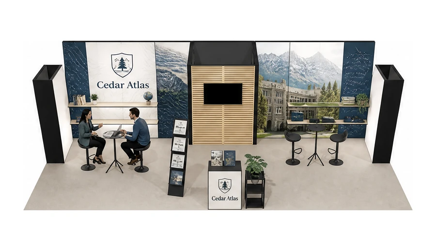 Stoisko 10 × 5 m półwyspowe dla branży edukacja i szkolenia, przykładowa marka Cedar Atlas