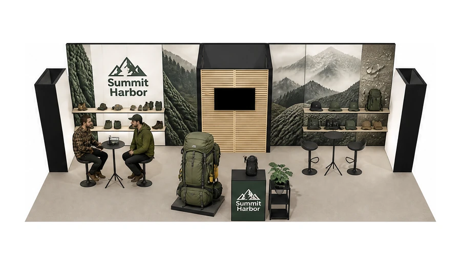 Stoisko 10 × 5 m półwyspowe dla branży odzież i sprzęt outdoorowy, przykładowa marka Summit Harbor
