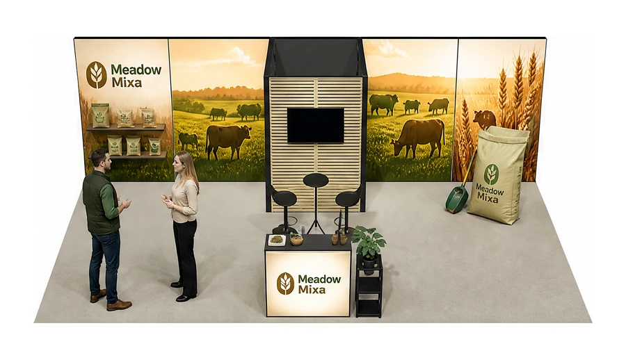 Stoisko 10 × 5 m półwyspowe dla branży hodowla i pasze, przykładowa marka Meadow Mixa