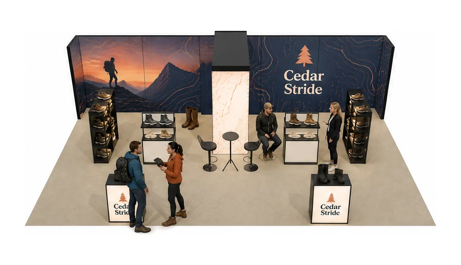 Stoisko 10 × 6 m półwyspowe dla branży obuwie, przykładowa marka Cedar Stride