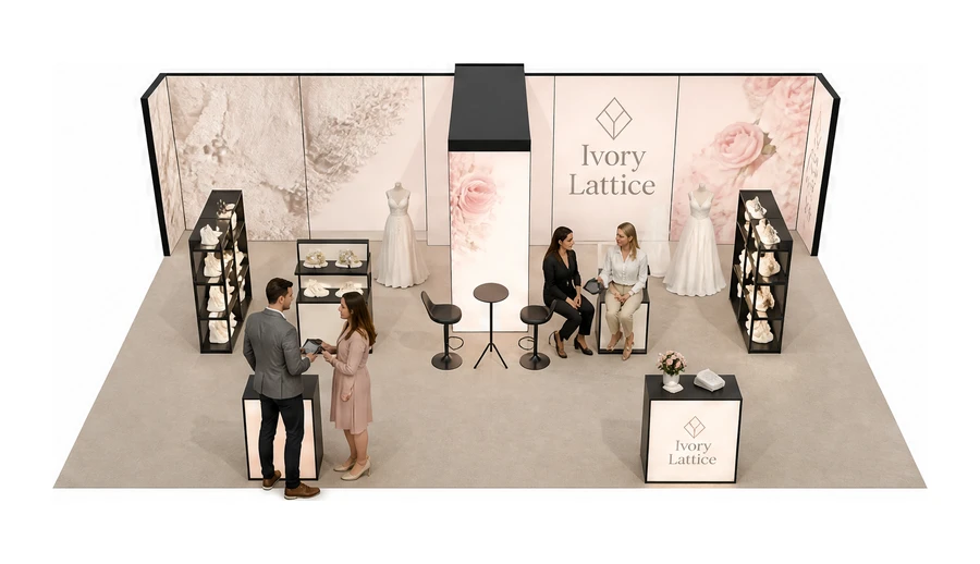 Stoisko 10 × 6 m półwyspowe dla branży branża ślubna, przykładowa marka Ivory Lattice