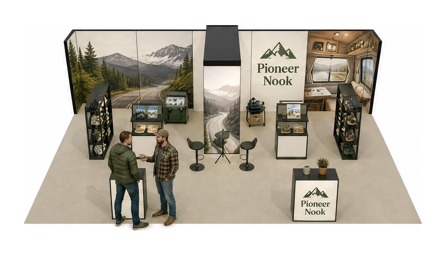 Stoisko 10 × 6 m półwyspowe dla branży caravaning i kampery, przykładowa marka Pioneer Nook