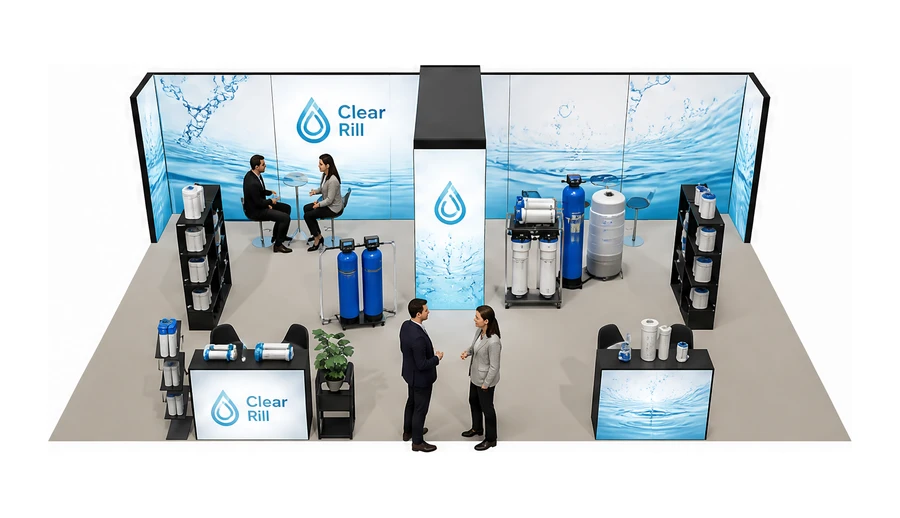 Stoisko 10 × 6 m półwyspowe dla branży technologie wodne, przykładowa marka Clear Rill