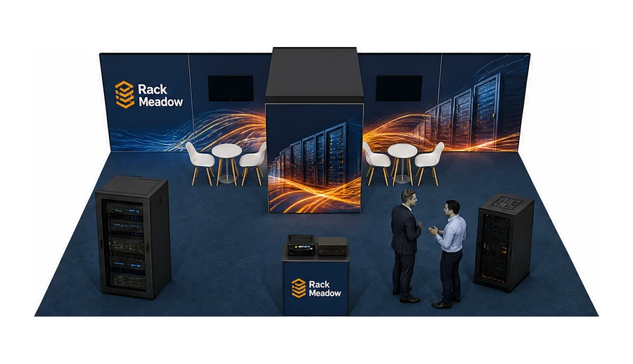 Stoisko 10 × 6 m półwyspowe dla branży infrastruktura IT i data center, przykładowa marka Rack Meadow