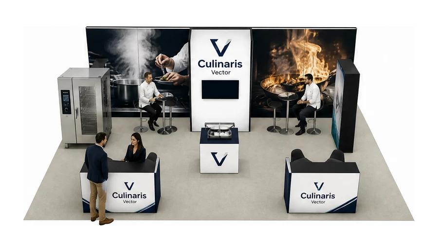 Stoisko 10 × 6 m półwyspowe dla branży wyposażenie gastronomii, przykładowa marka Culinaris Vector
