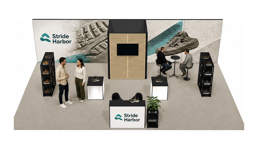 Stoisko 10 × 6 m półwyspowe dla branży obuwie, przykładowa marka Stride Harbor