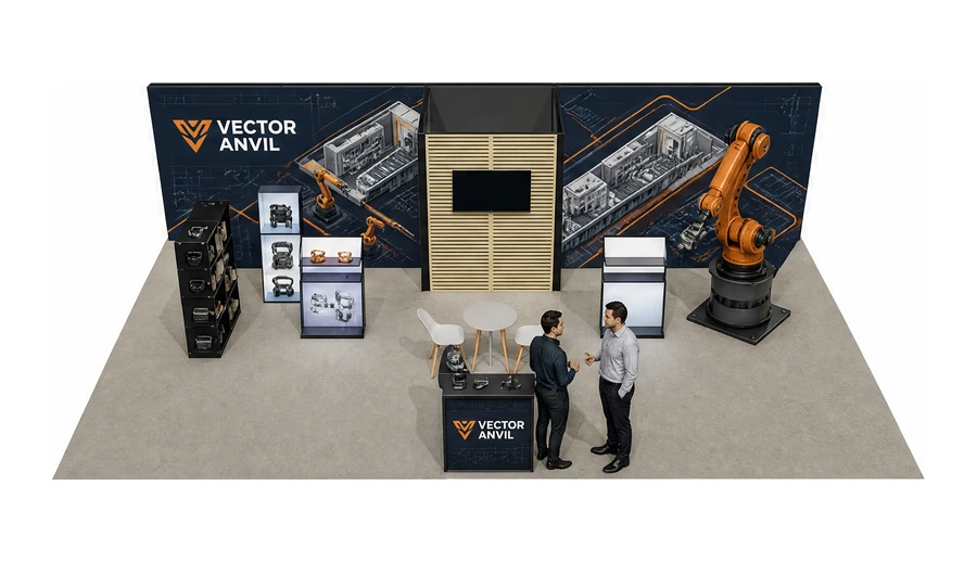 Stoisko 10 × 6 m półwyspowe dla branży automatyka przemysłowa, przykładowa marka Vector Anvil