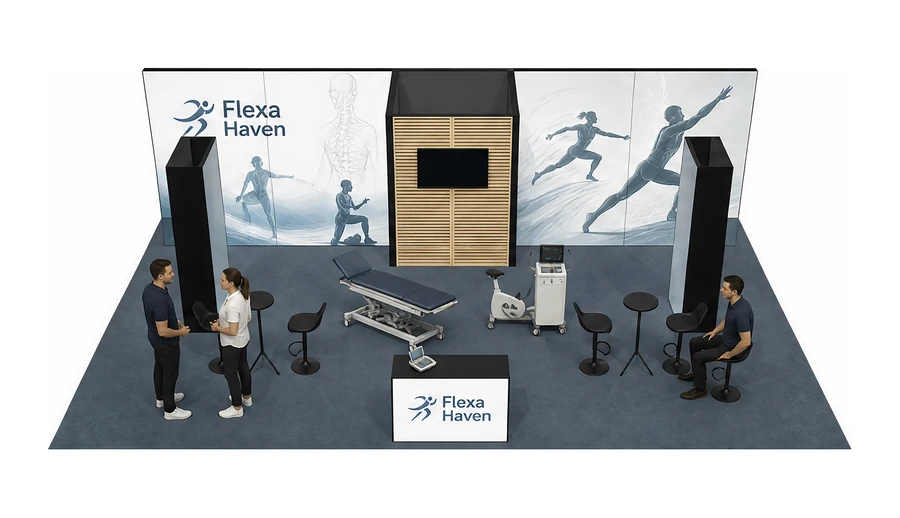 Stoisko 10 × 6 m półwyspowe dla branży rehabilitacja i fizjoterapia, przykładowa marka Flexa Haven