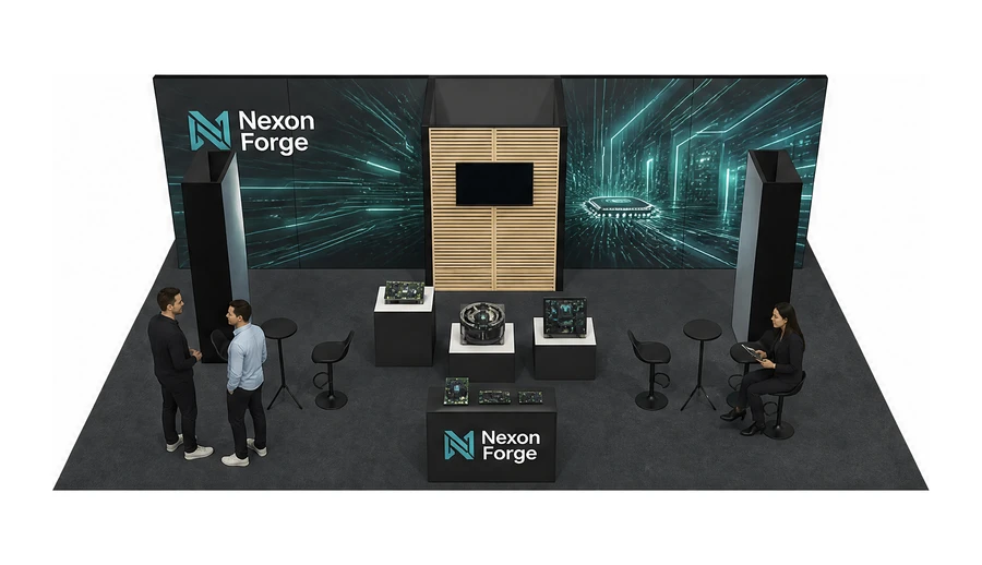 Stoisko 10 × 6 m półwyspowe dla branży komponenty elektroniczne, przykładowa marka Nexon Forge
