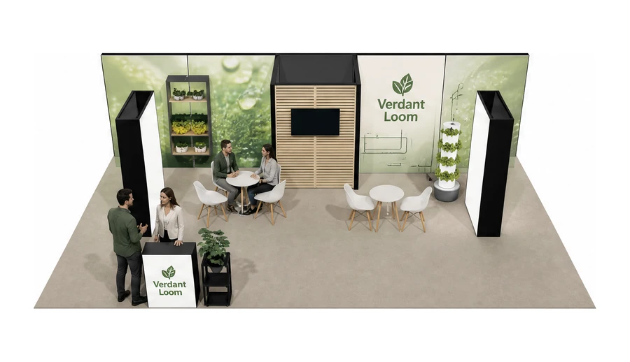 Stoisko 10 × 6 m półwyspowe dla branży sadownictwo i warzywnictwo, przykładowa marka Verdant Loom