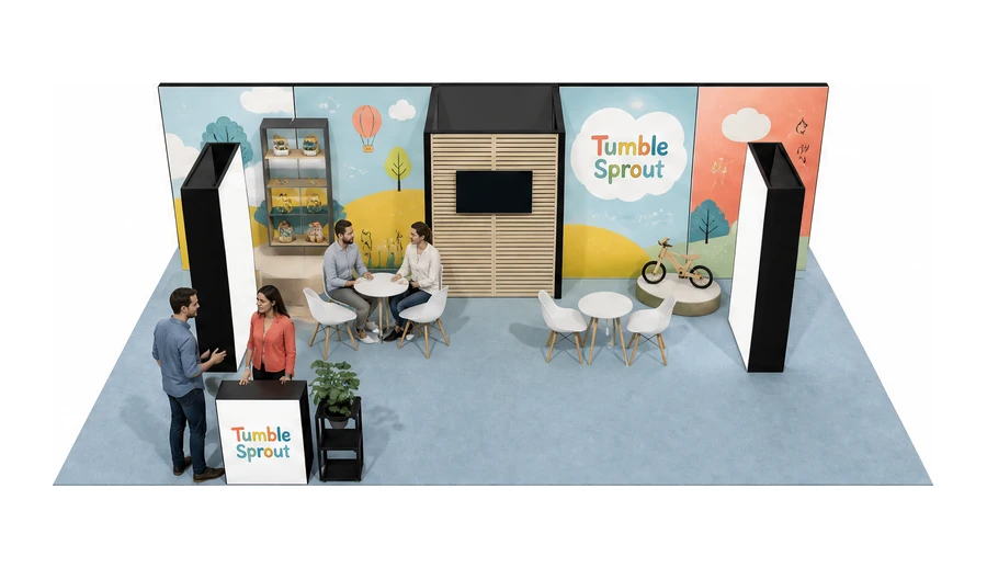 Stoisko 10 × 6 m półwyspowe dla branży zabawki i artykuły dziecięce, przykładowa marka Tumble Sprout