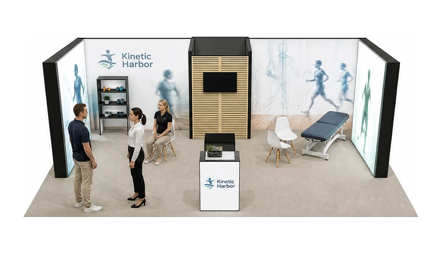 Stoisko 10 × 6 m półwyspowe dla branży rehabilitacja i fizjoterapia, przykładowa marka Kinetic Harbor