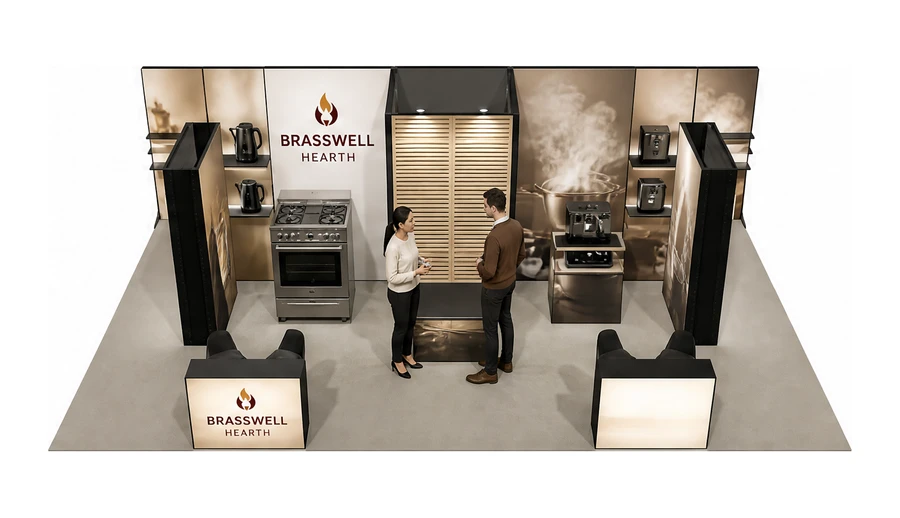 Stoisko 10 × 6 m półwyspowe dla branży sprzęt kuchenny i AGD, przykładowa marka Brasswell Hearth