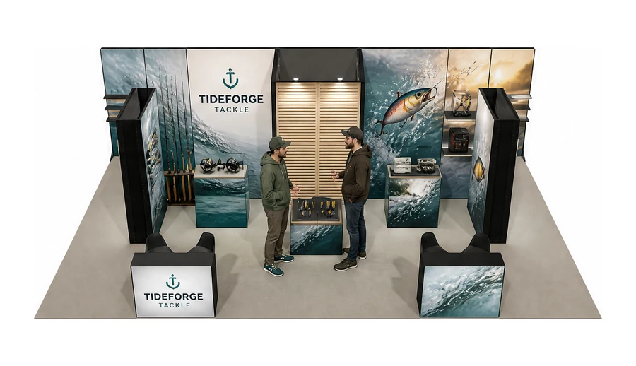 Stoisko 10 × 6 m półwyspowe dla branży wędkarstwo, przykładowa marka Tideforge Tackle