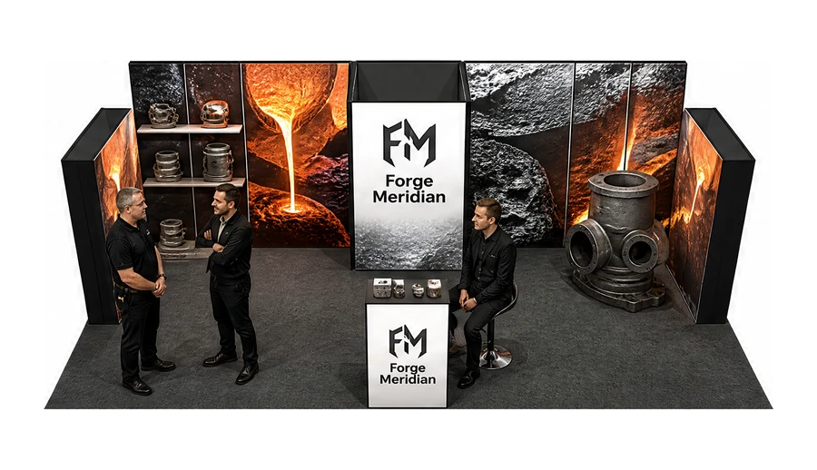 Stoisko 10 × 6 m półwyspowe dla branży obróbka metali i odlewnictwo, przykładowa marka Forge Meridian