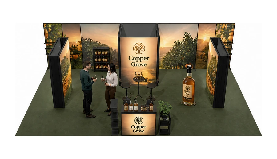 Stoisko 10 × 6 m półwyspowe dla branży napoje, przykładowa marka Copper Grove