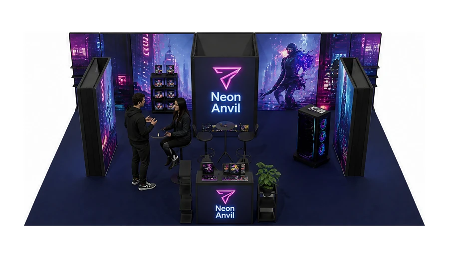 Stoisko 10 × 6 m półwyspowe dla branży gry wideo, przykładowa marka Neon Anvil