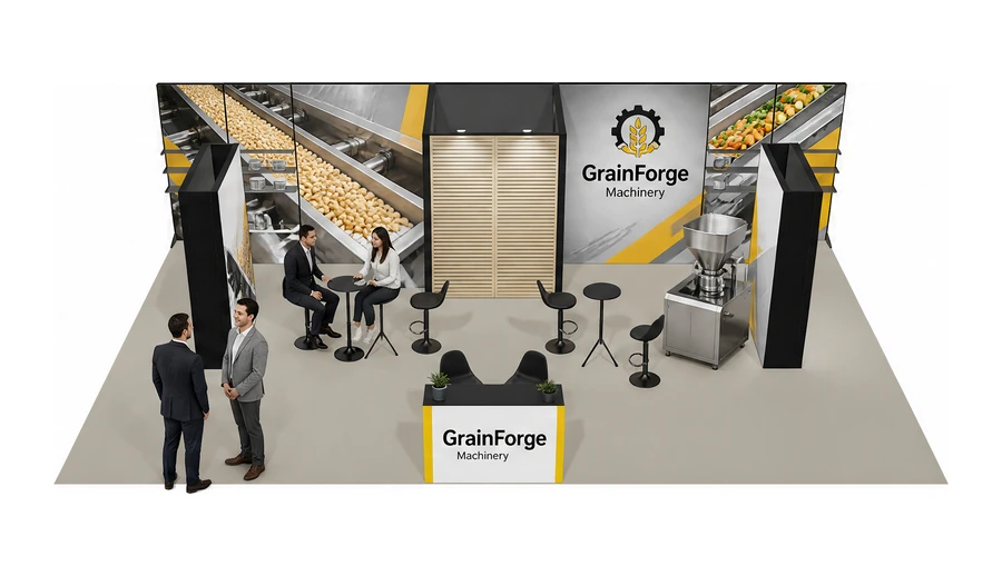 Stoisko 10 × 6 m półwyspowe dla branży technologie spożywcze, przykładowa marka GrainForge Machinery