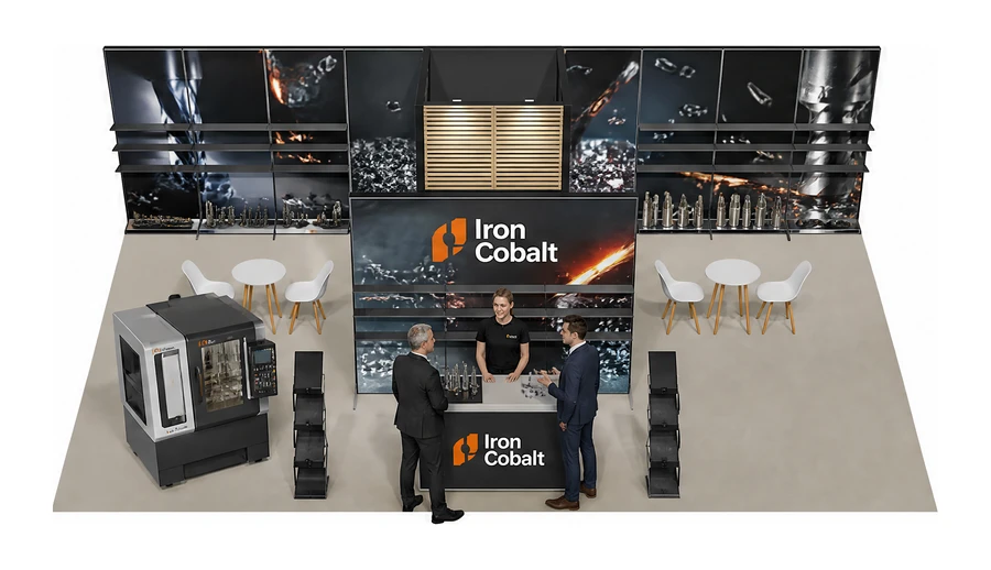 Stoisko 10 × 6 m półwyspowe dla branży obrabiarki i narzędzia, przykładowa marka Iron Cobalt