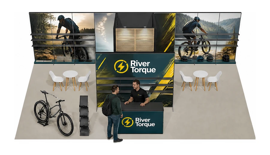 Stoisko 10 × 6 m półwyspowe dla branży rowery elektryczne, przykładowa marka River Torque