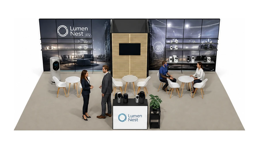 Stoisko 10 × 6 m półwyspowe dla branży smart home i IoT, przykładowa marka Lumen Nest