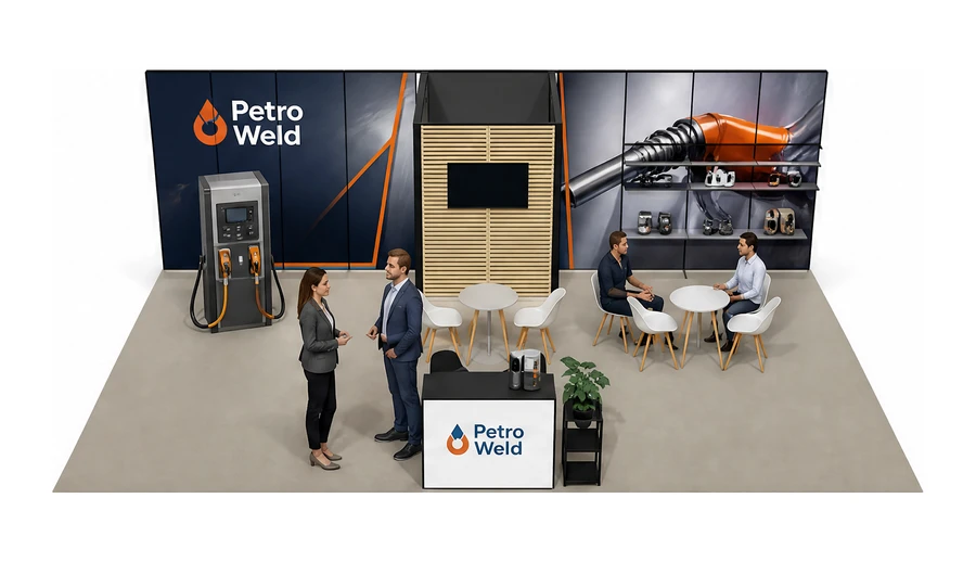 Stoisko 10 × 6 m półwyspowe dla branży stacje paliw, przykładowa marka Petro Weld