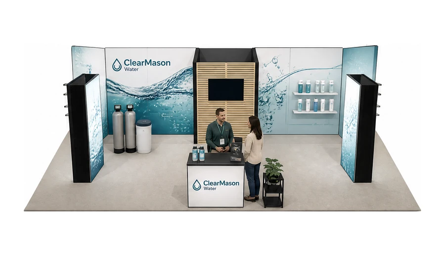 Stoisko 10 × 6 m półwyspowe dla branży technologie wodne, przykładowa marka ClearMason Water