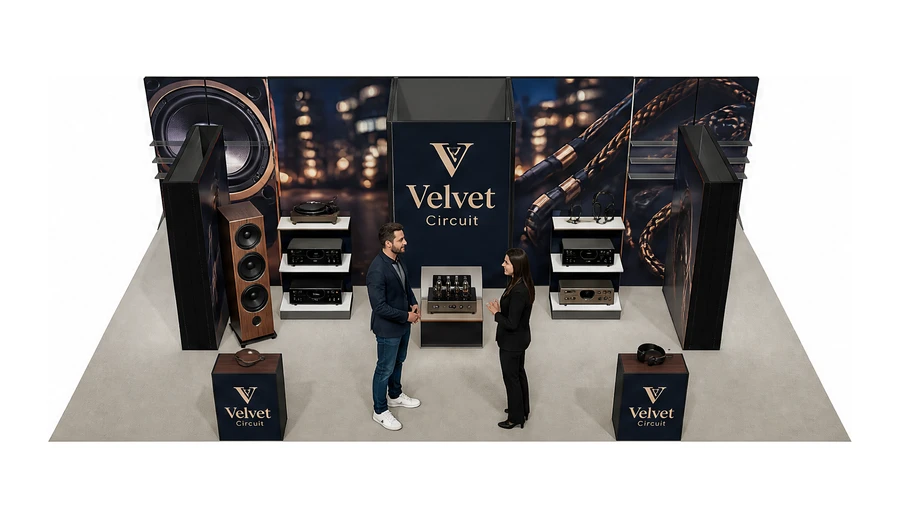 Stoisko 10 × 6 m półwyspowe dla branży sprzęt audio-video, przykładowa marka Velvet Circuit