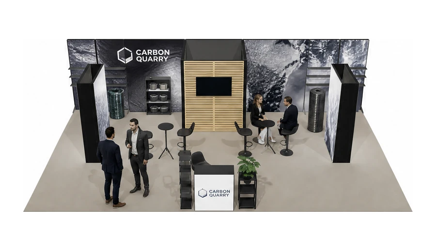Stoisko 10 × 6 m półwyspowe dla branży materiały kompozytowe, przykładowa marka Carbon Quarry