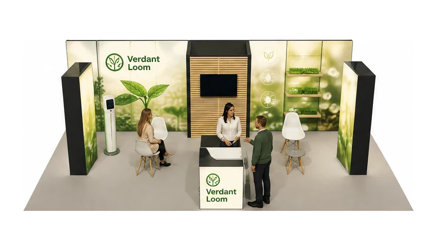 Stoisko 10 × 6 m półwyspowe dla branży sadownictwo i warzywnictwo, przykładowa marka Verdant Loom