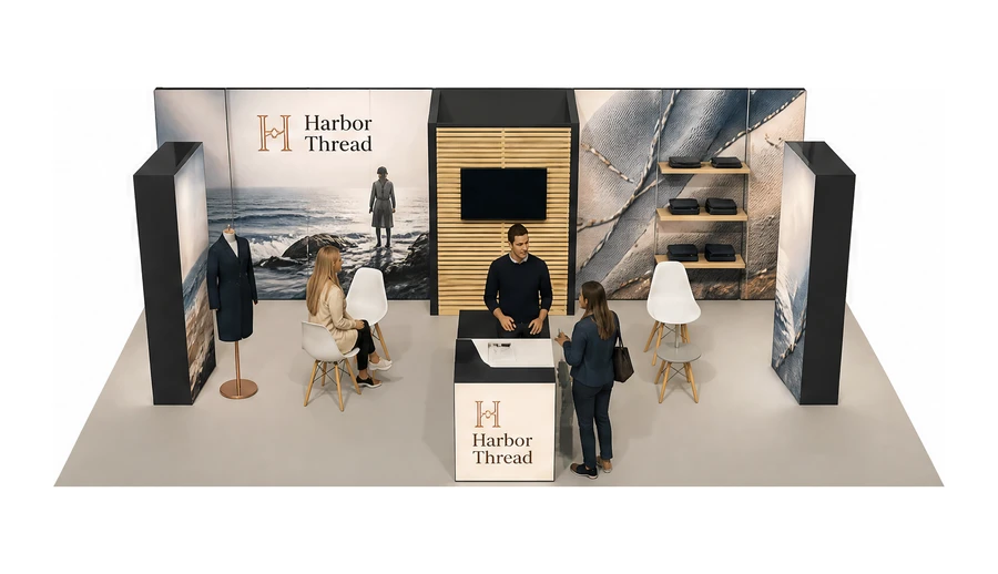 Stoisko 10 × 6 m półwyspowe dla branży odzież i moda, przykładowa marka Harbor Thread