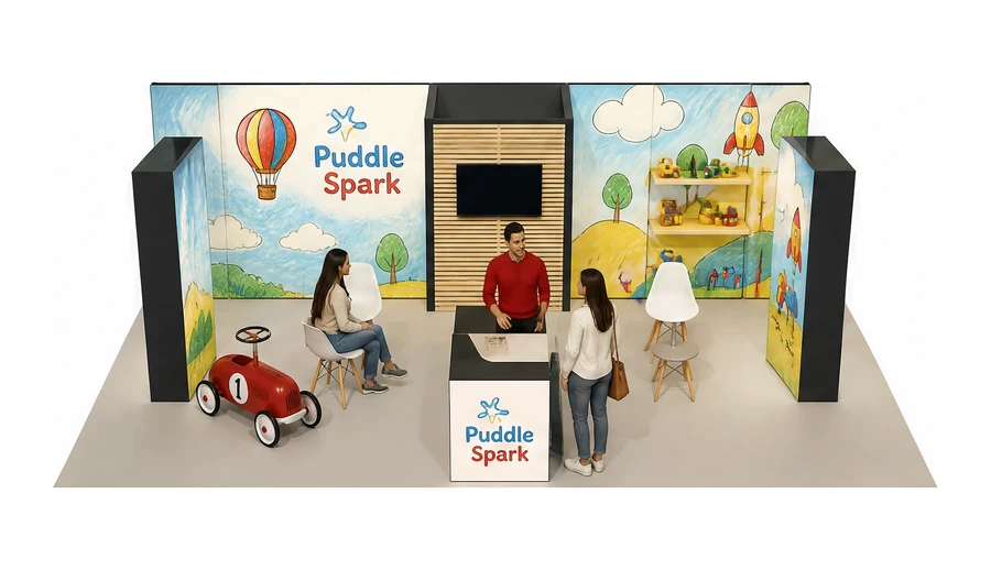 Stoisko 10 × 6 m półwyspowe dla branży zabawki i artykuły dziecięce, przykładowa marka Puddle Spark