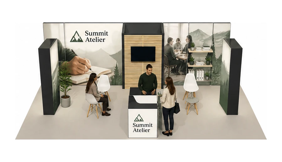 Stoisko 10 × 6 m półwyspowe dla branży edukacja i szkolenia, przykładowa marka Summit Atelier