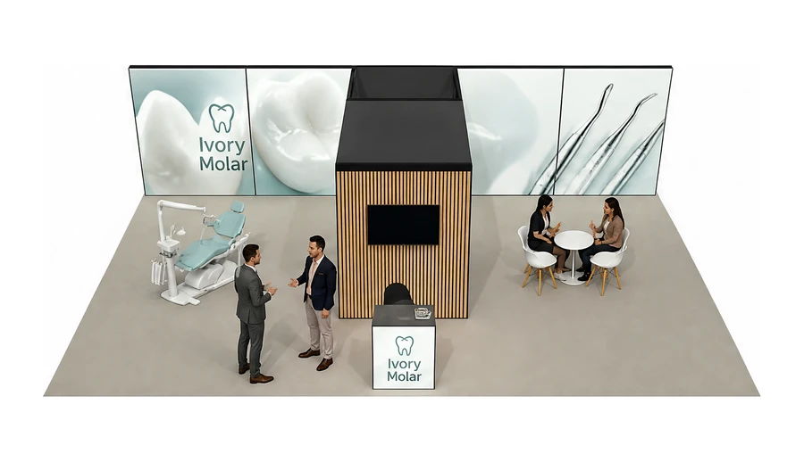 Stoisko 10 × 6 m półwyspowe dla branży stomatologia, przykładowa marka Ivory Molar