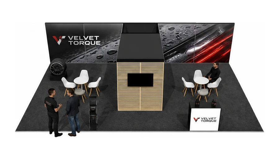 Stoisko 10 × 6 m półwyspowe dla branży tuning i detailing, przykładowa marka Velvet Torque