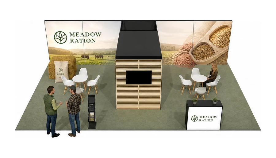 Stoisko 10 × 6 m półwyspowe dla branży hodowla i pasze, przykładowa marka Meadow Ration