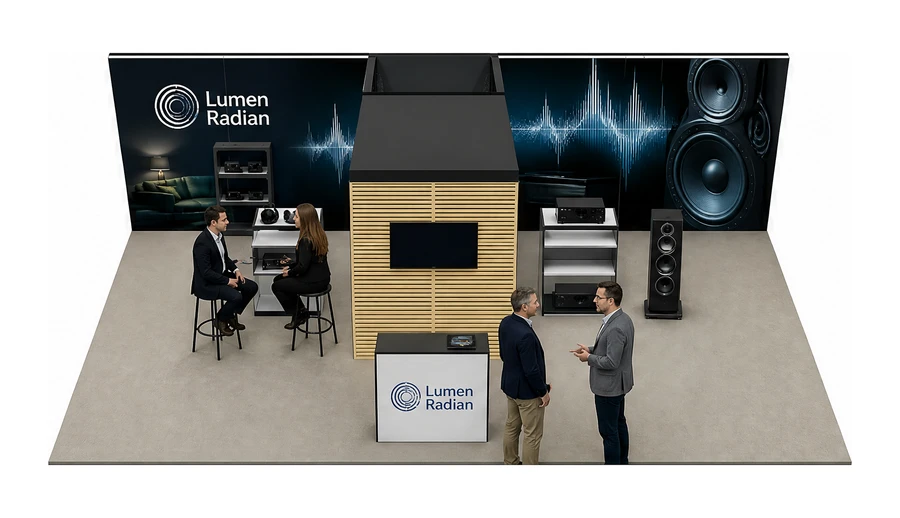 Stoisko 10 × 6 m półwyspowe dla branży sprzęt audio-video, przykładowa marka Lumen Radian