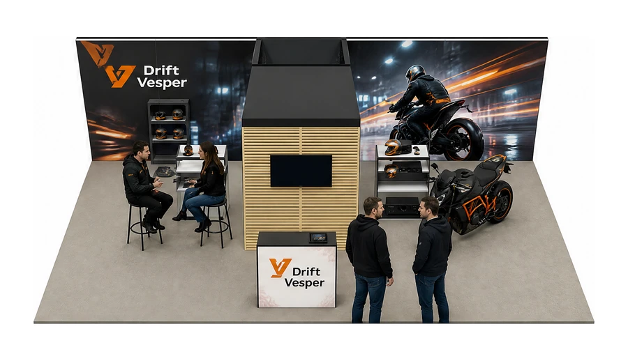 Stoisko 10 × 6 m półwyspowe dla branży motocykle i skutery, przykładowa marka Drift Vesper