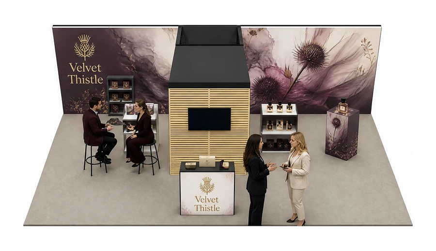 Stoisko 10 × 6 m półwyspowe dla branży perfumy, przykładowa marka Velvet Thistle