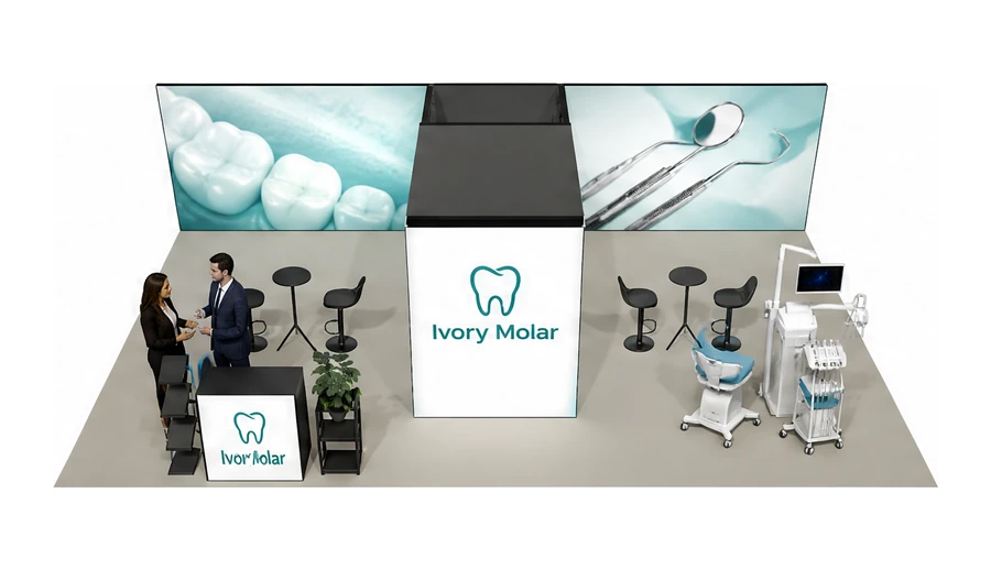 Stoisko 10 × 6 m półwyspowe dla branży stomatologia, przykładowa marka Ivory Molar