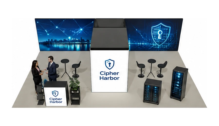 Stoisko 10 × 6 m półwyspowe dla branży cyberbezpieczeństwo, przykładowa marka Cipher Harbor