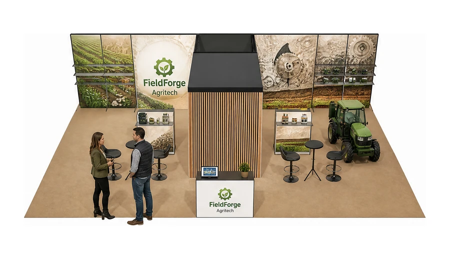 Stoisko 10 × 6 m półwyspowe dla branży maszyny rolnicze, przykładowa marka FieldForge Agritech