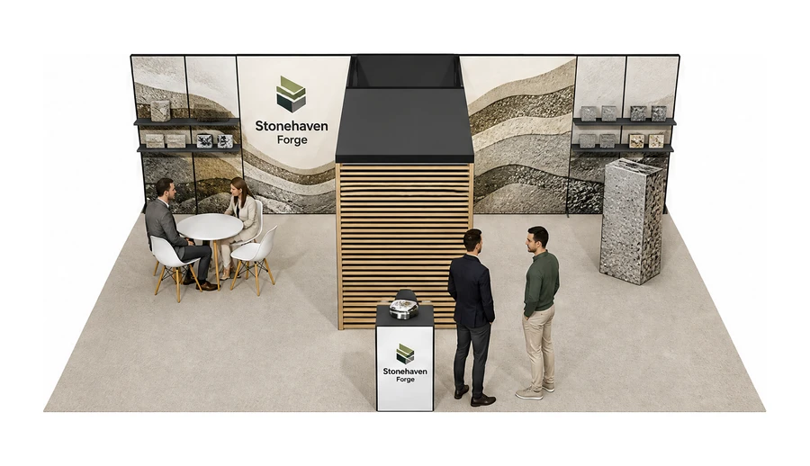 Stoisko 10 × 6 m półwyspowe dla branży materiały budowlane, przykładowa marka Stonehaven Forge