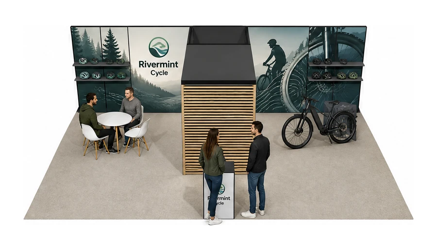 Stoisko 10 × 6 m półwyspowe dla branży rowery elektryczne, przykładowa marka Rivermint Cycle