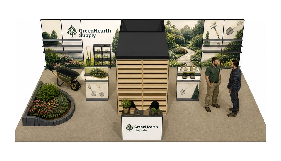 Stoisko 10 × 6 m półwyspowe dla branży ogród i architektura krajobrazu, przykładowa marka GreenHearth Supply